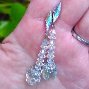 Pierced ab glass crystal navette faceted round bicone earrings